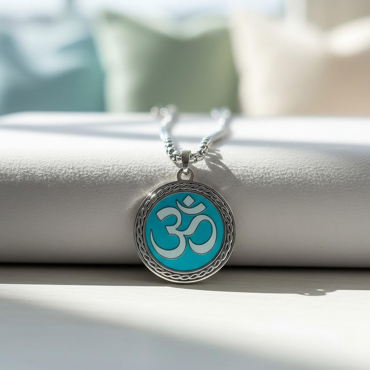 OM with Radiant Blue Color Mystical Beauty Charm For Necklace Jewelry, Spiritual Meditation Symbols, Artisan Craftsmanship, Gift For Her