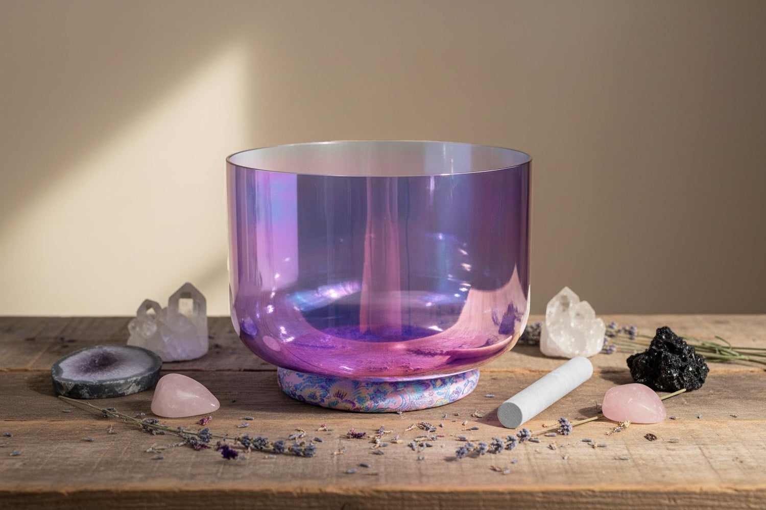 12" Aurora Premium Clear Crystal Singing Bowl w/ Tuning Fork, Suede Striker, Cushion, O-Ring, and Silver Padded Case
