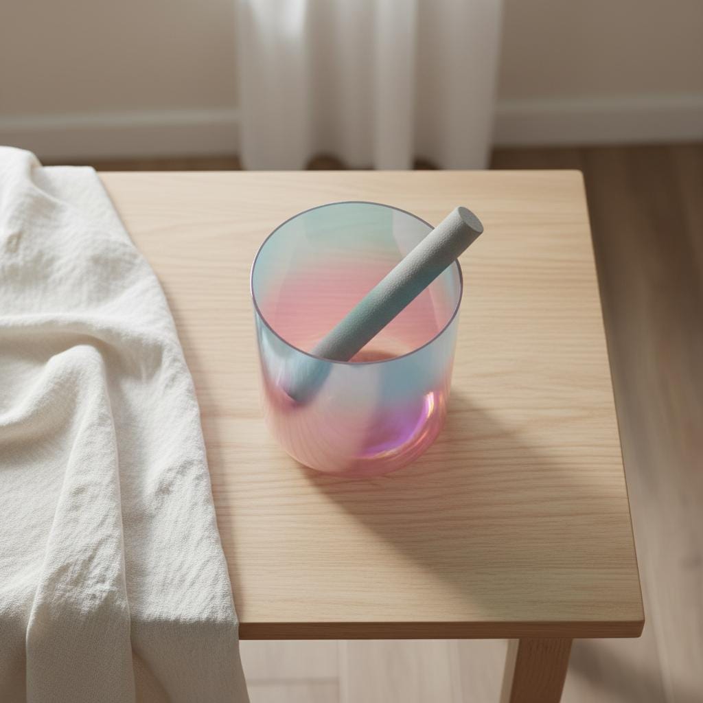 Radiant Sky Throat Chakra Perfect Pitch 432 Hz Clear Quartz 7.5" G-Note Singing Bowl - Suede Striker, O-Ring, and Padded Carry Case