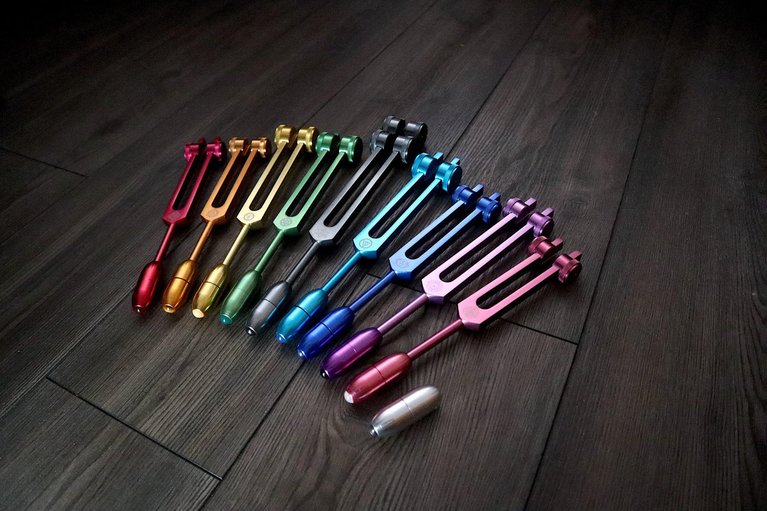 Myriad Melodies' Professionally Tuned .25 9pc Chakra Tuning Forks with 10pc Crystal Massage Attenuator Set - Biofield, Sound Vibration