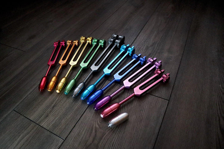 Myriad Melodies' Professionally Tuned .25 9pc Chakra Tuning Forks with 10pc Crystal Massage Attenuator Set - Biofield, Sound Vibration
