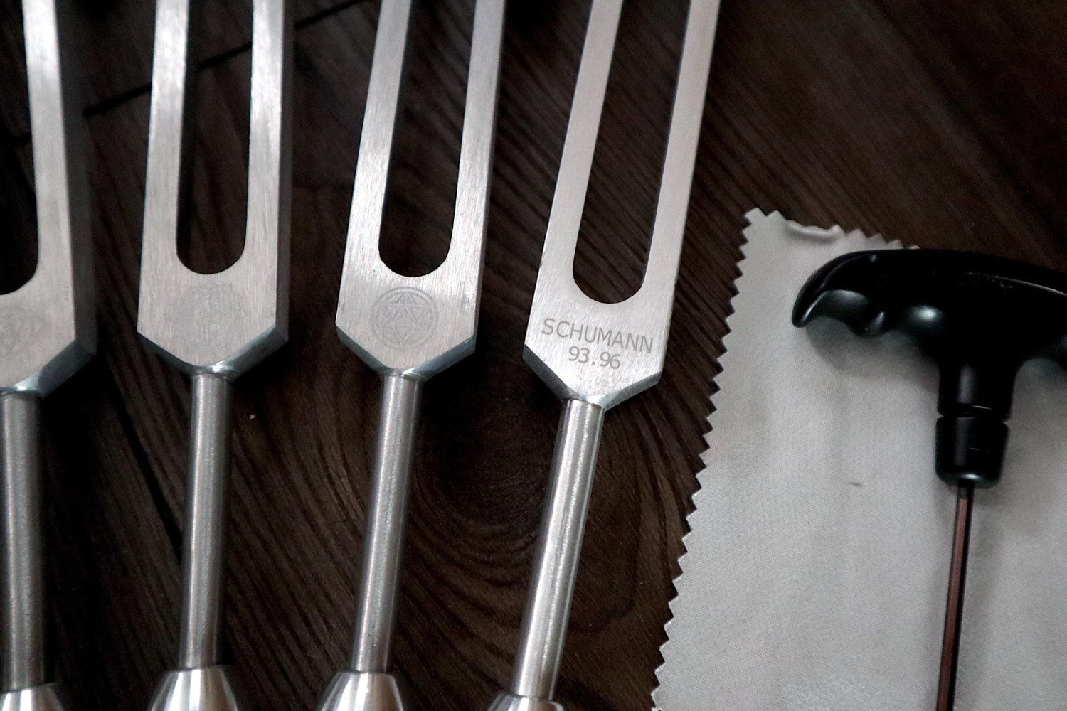 Myriad Melodies' Professionally Tuned .25 9pc Chakra Silver Tuning Forks with 10pc Crystal Massage Attenuator Set - Biofield Tune