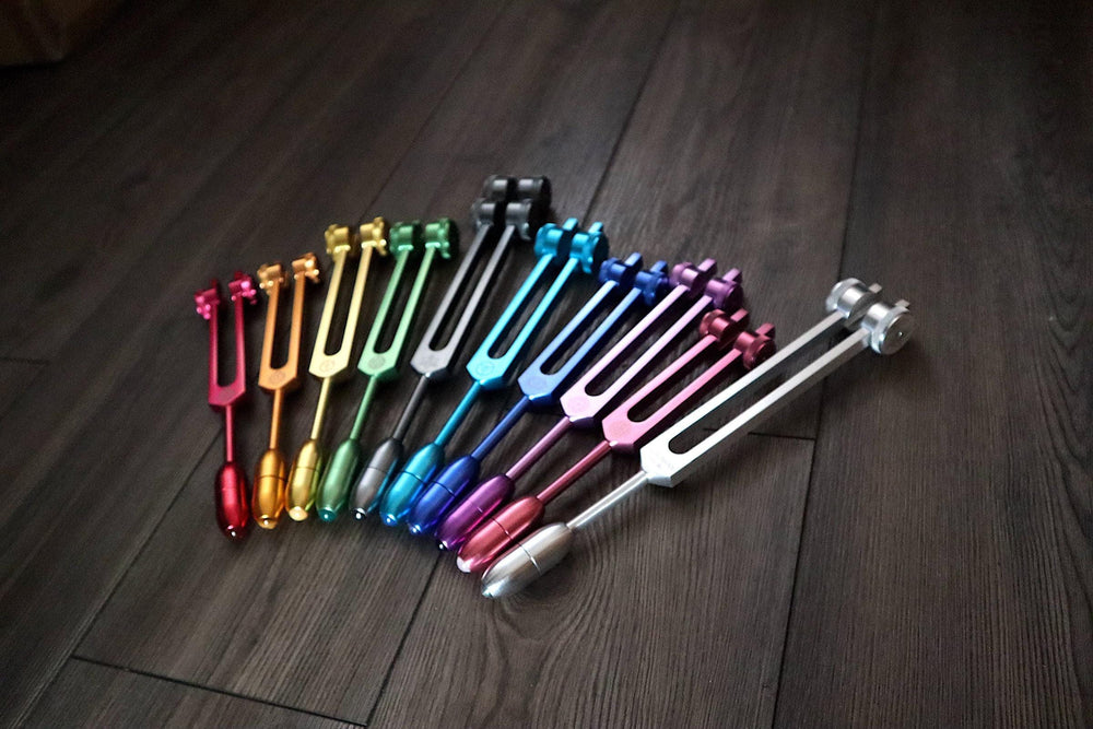 Myriad Melodies' Professionally Tuned .25 9pc Chakra Tuning Forks with 10pc Crystal Massage Attenuator Set - Biofield, Sound Vibration