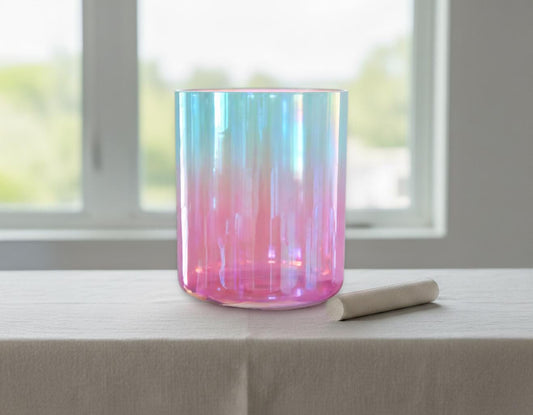 Radiant Sky Throat Chakra Perfect Pitch 432 Hz Clear Quartz 7.5" G-Note Singing Bowl - Suede Striker, O-Ring, and Padded Carry Case