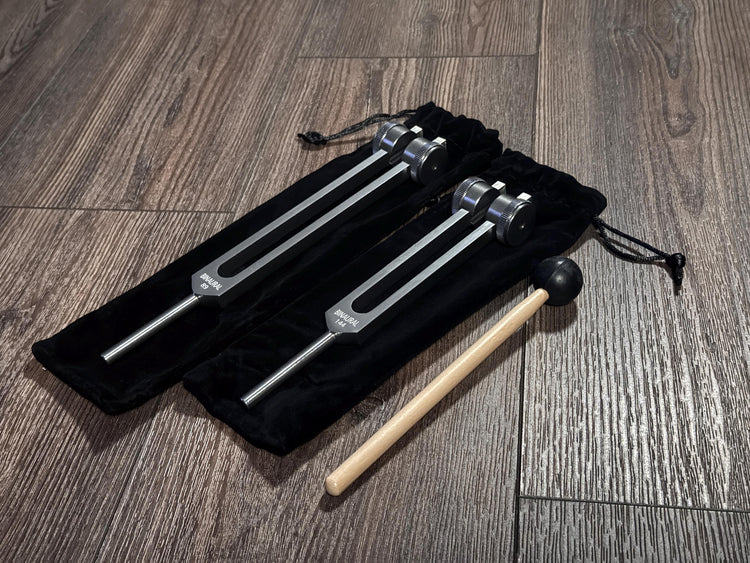 89Hz and 144Hz - Fibonacci, Golden Ration Tuning Fork Set - Gamma Binaural Beat Entrainment - Handle Extender with 10mm Crystal - Gray