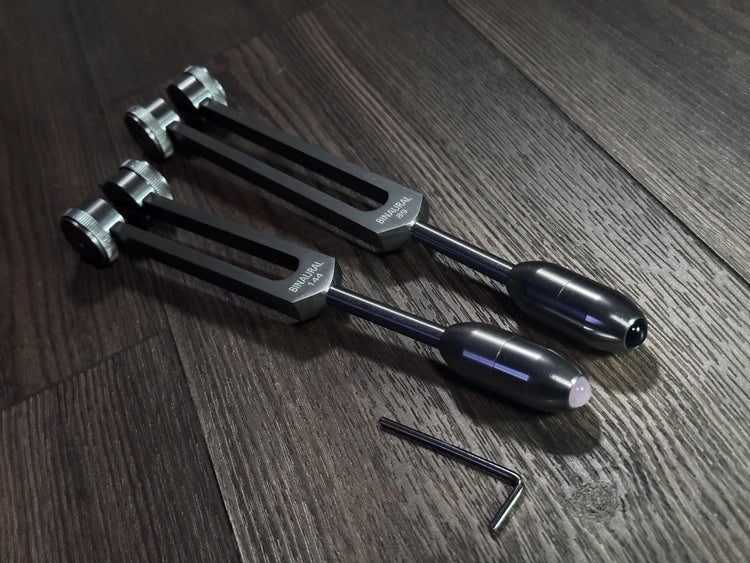 89Hz and 144Hz - Fibonacci, Golden Ration Tuning Fork Set - Gamma Binaural Beat Entrainment - Handle Extender with 10mm Crystal - Gray