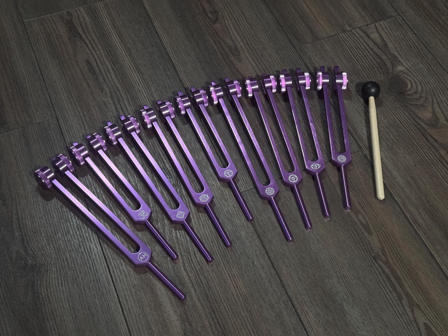 Myriad Melodies' Professionally Tuned .25 Secret Solfeggio - Classic 9pc Set - Chakra Printed Engrams, Attenuator Beads - Purple