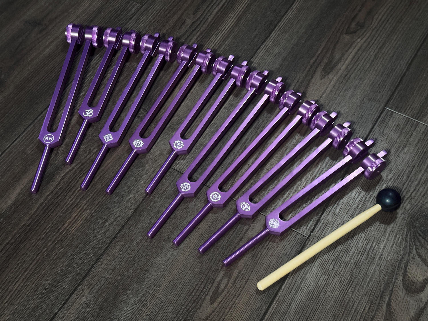 Myriad Melodies' Professionally Tuned .25 Secret Solfeggio - Classic 9pc Set - Chakra Printed Engrams, Attenuator Beads - Purple