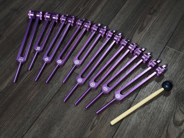 Myriad Melodies' Professionally Tuned .25 Secret Solfeggio - Classic 9pc Set - Chakra Printed Engrams, Attenuator Beads - Purple