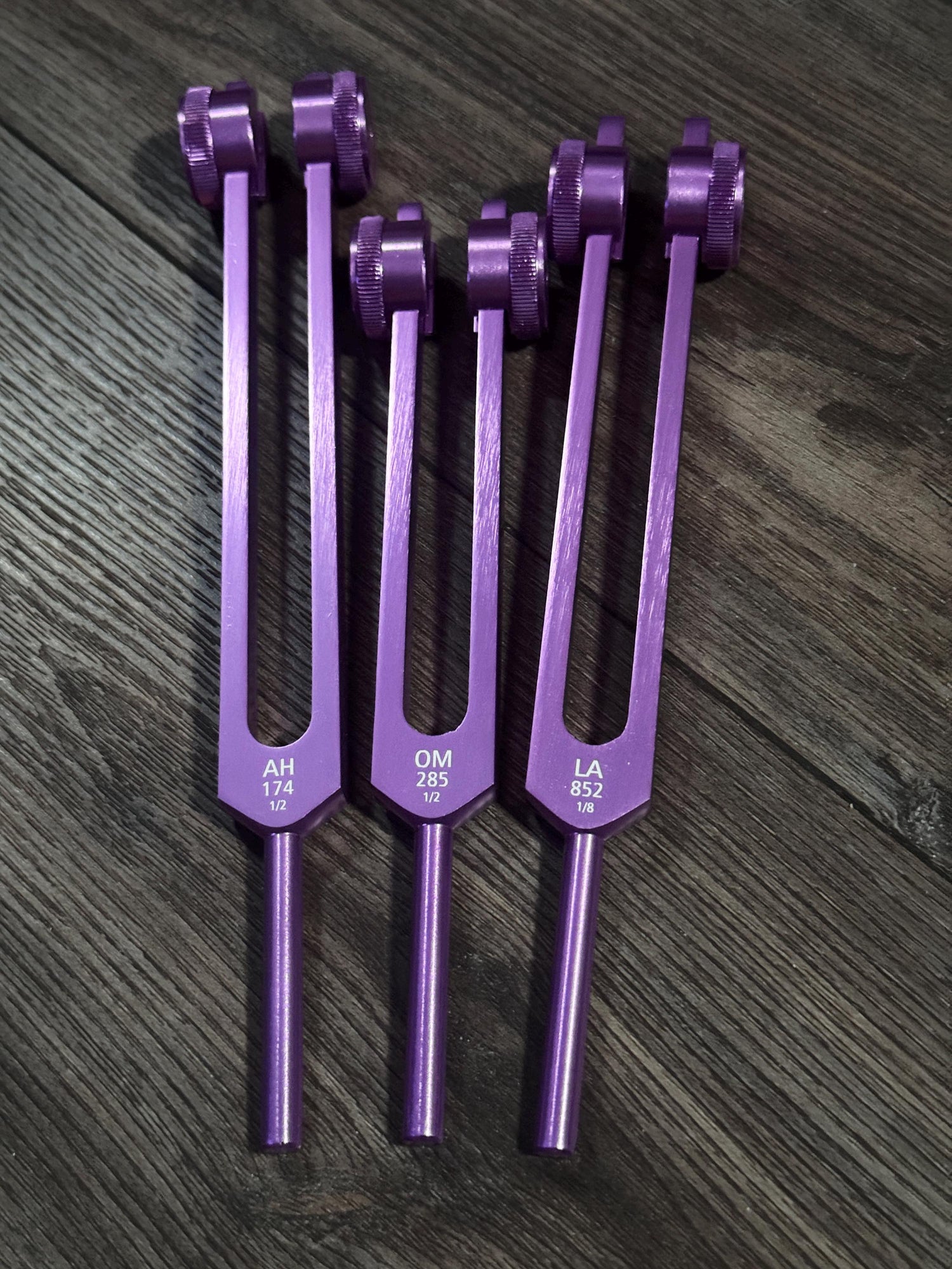 Myriad Melodies' Professionally Tuned .25 Secret Solfeggio - Classic 9pc Set - Chakra Printed Engrams, Attenuator Beads - Purple