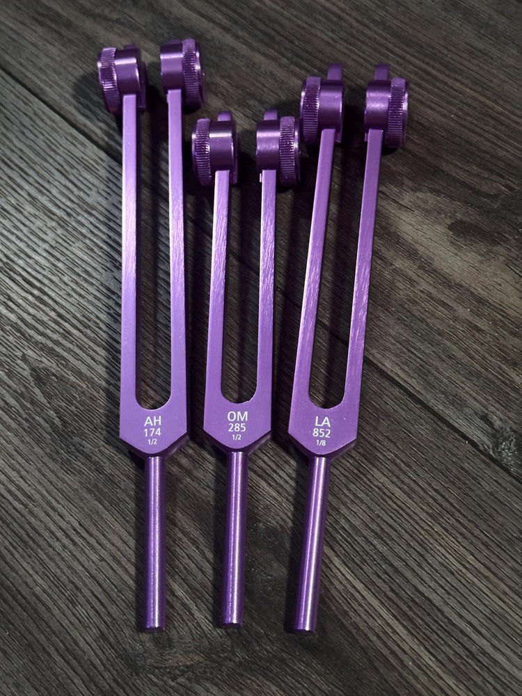 Myriad Melodies' Professionally Tuned .25 Secret Solfeggio - Classic 9pc Set - Chakra Printed Engrams, Attenuator Beads - Purple