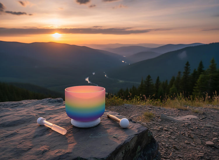 May include: A rainbow-colored crystal singing bowl sits on a rock with two wooden mallets. The bowl transitions from pink to purple to blue and green. The background features a mountain range at sunset with a river winding through the valley.