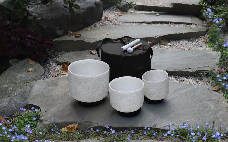 Myriad Melodies' 3pc Partial 432 Hz Obsidian Infused Perfect Pitch Singing Bowl Set - 2 Cases, Cushions, O-Rings, 2 Mallets 2, Strikers