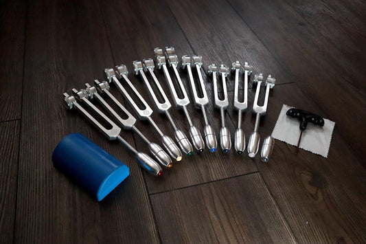 Myriad Melodies' Professionally Tuned .25 9pc Chakra Silver Tuning Forks with 10pc Crystal Massage Attenuator Set - Biofield Tune