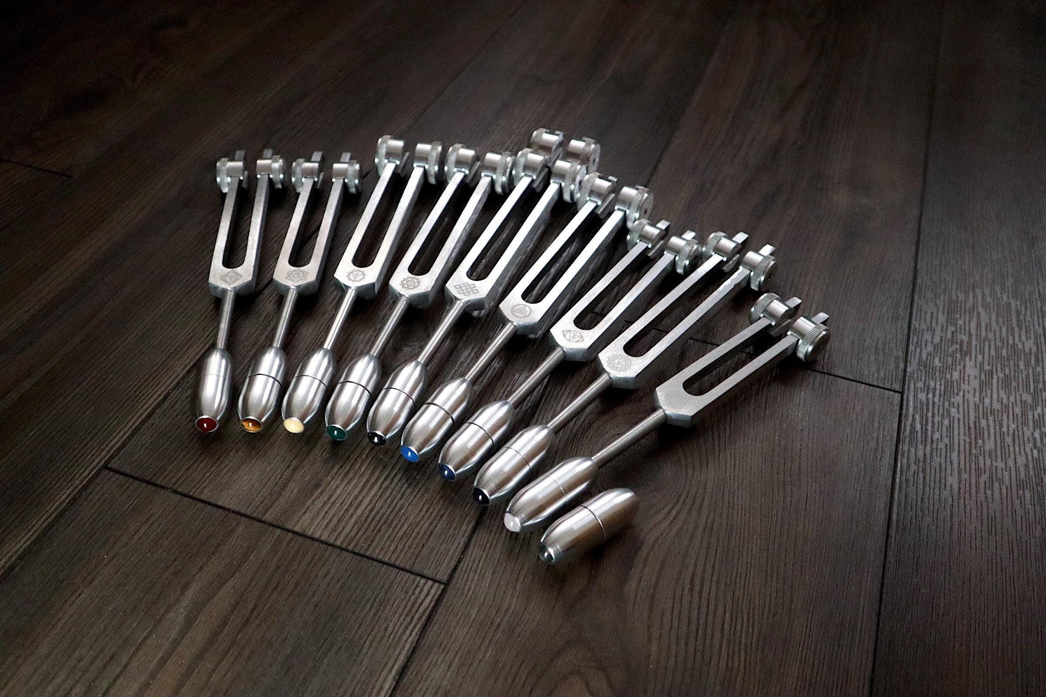Myriad Melodies' Professionally Tuned .25 9pc Chakra Silver Tuning Forks with 10pc Crystal Massage Attenuator Set - Biofield Tune