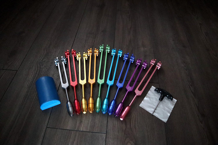 Myriad Melodies' Professionally Tuned .25 Secret Solfeggio and 10pc Crystal Massage Attenuator Handle Set - Classic 9pc Set