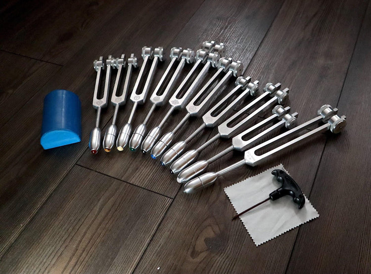 Myriad Melodies' Professionally Tuned .25 9pc Chakra Silver Tuning Forks with 10pc Crystal Massage Attenuator Set - Biofield Tune