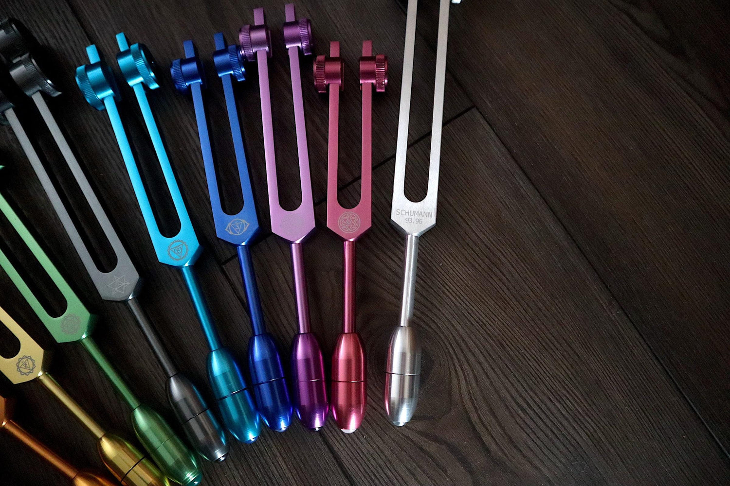 Myriad Melodies' Professionally Tuned .25 9pc Chakra Tuning Forks with 10pc Crystal Massage Attenuator Set - Biofield, Sound Vibration