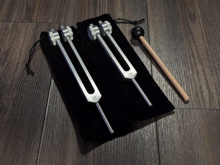 89Hz and 144Hz - Fibonacci, Golden Ration Tuning Fork Set - Gamma Binaural Beat Entrainment - Handle Extender with 10mm Crystal - Silver