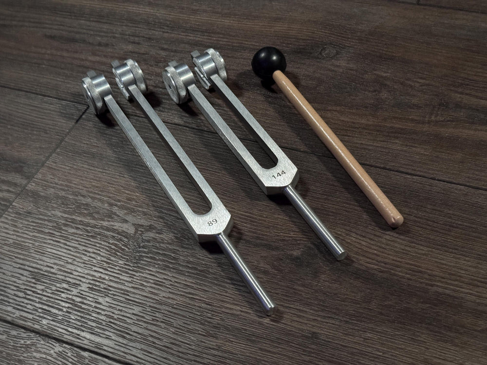 89Hz and 144Hz - Fibonacci, Golden Ration Tuning Fork Set - Gamma Binaural Beat Entrainment - Handle Extender with 10mm Crystal - Silver