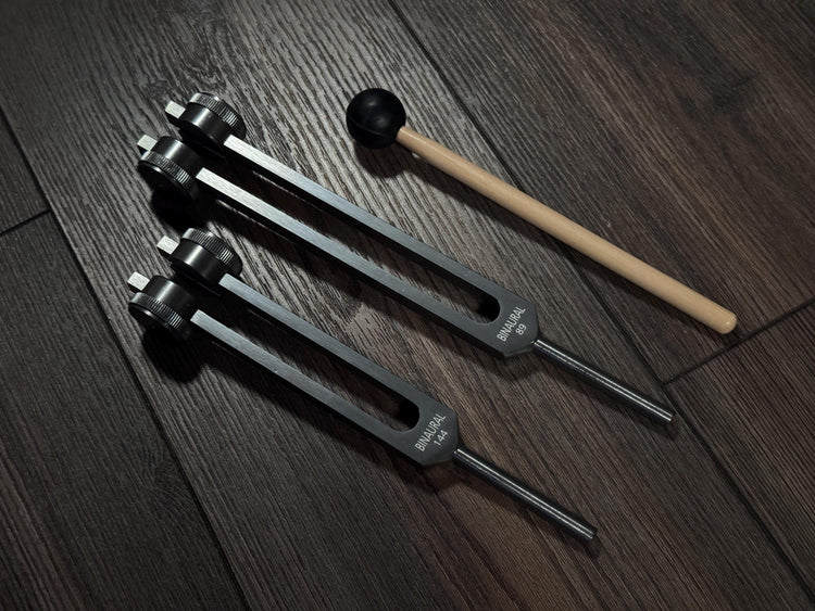 89Hz and 144Hz - Fibonacci, Golden Ration Tuning Fork Set - Gamma Binaural Beat Entrainment - Handle Extender with 10mm Crystal - Gray