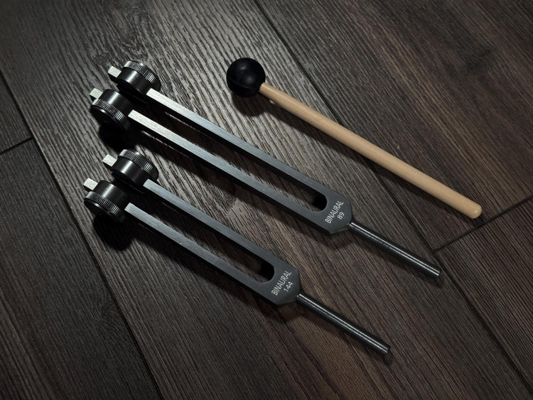 89Hz and 144Hz - Fibonacci, Golden Ration Tuning Fork Set - Gamma Binaural Beat Entrainment - Handle Extender with 10mm Crystal - Gray