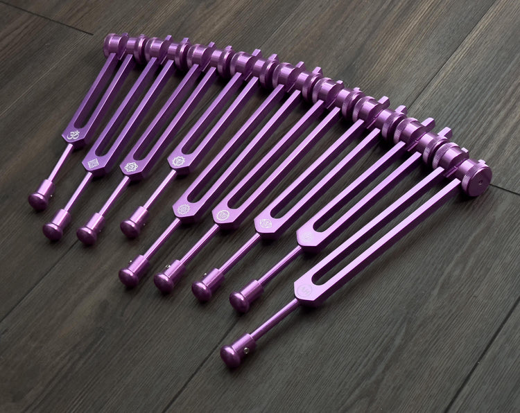 Myriad Melodies' Professionally Tuned .25 Secret Solfeggio - Classic 9pc Set - Chakra Printed Engrams, Attenuator Beads - Purple