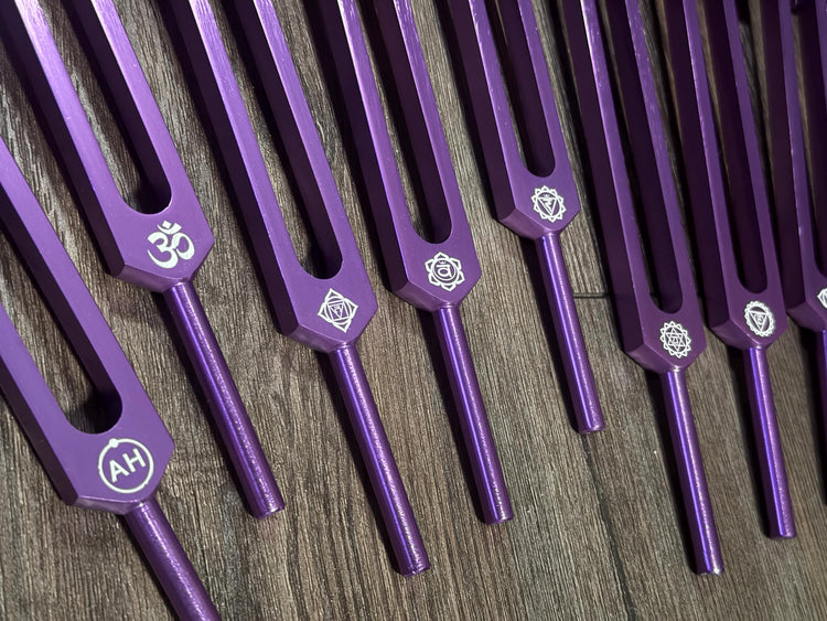 Myriad Melodies' Professionally Tuned .25 Secret Solfeggio - Classic 9pc Set - Chakra Printed Engrams, Attenuator Beads - Purple