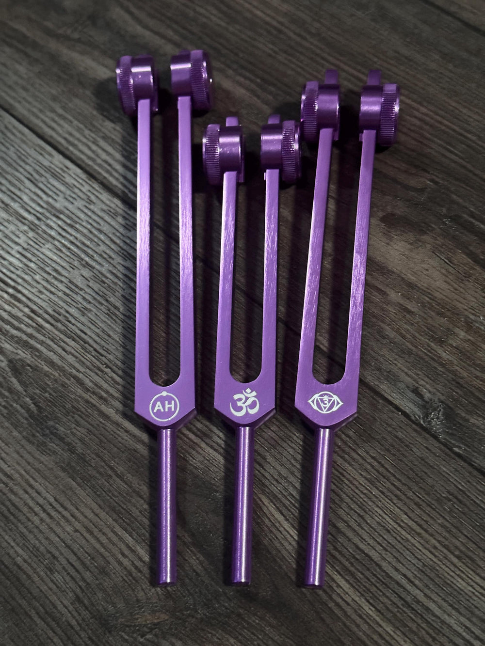 Myriad Melodies' Professionally Tuned .25 Secret Solfeggio - Classic 9pc Set - Chakra Printed Engrams, Attenuator Beads - Purple