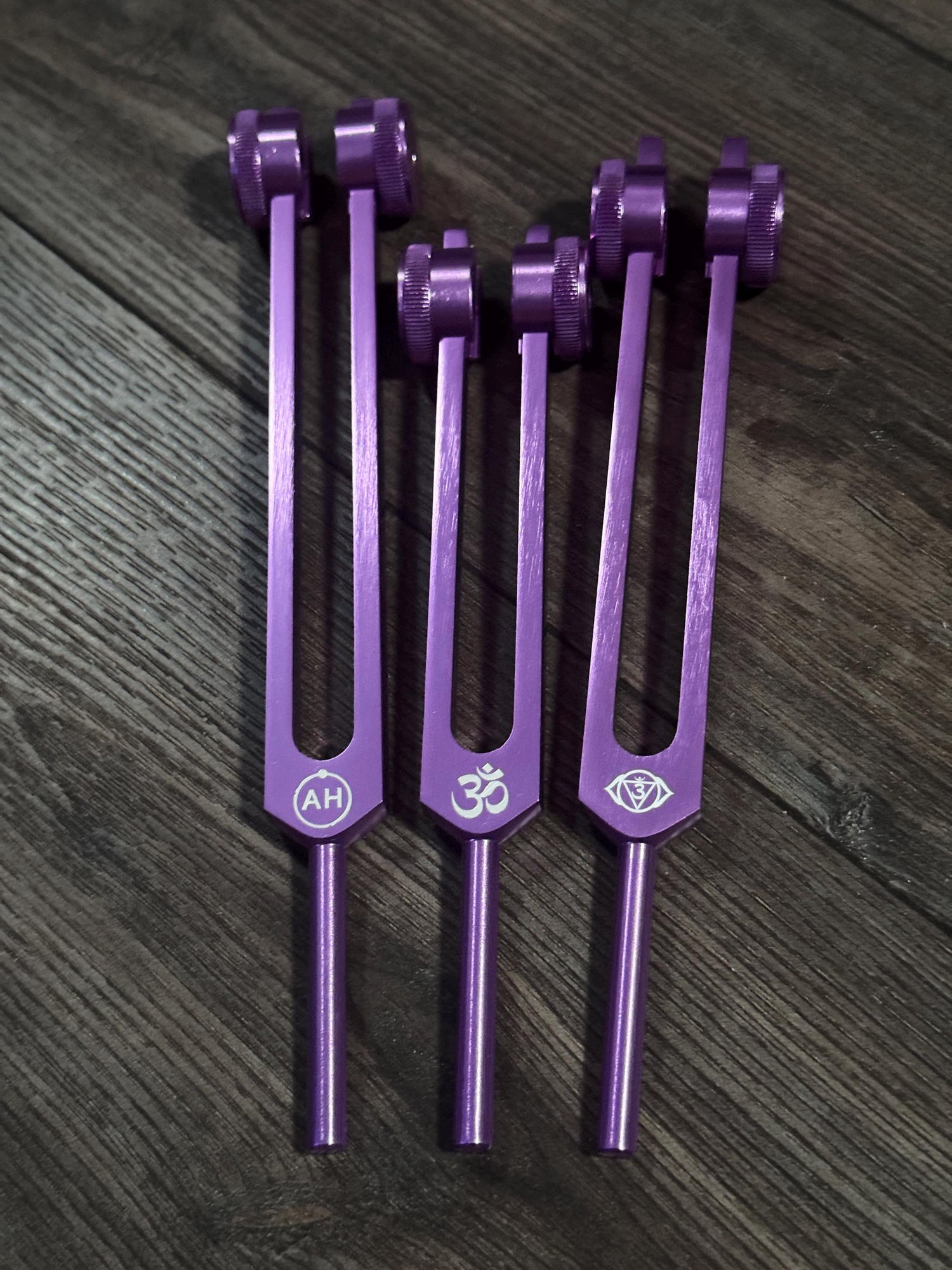 Myriad Melodies' Professionally Tuned .25 Secret Solfeggio - Classic 9pc Set - Chakra Printed Engrams, Attenuator Beads - Purple