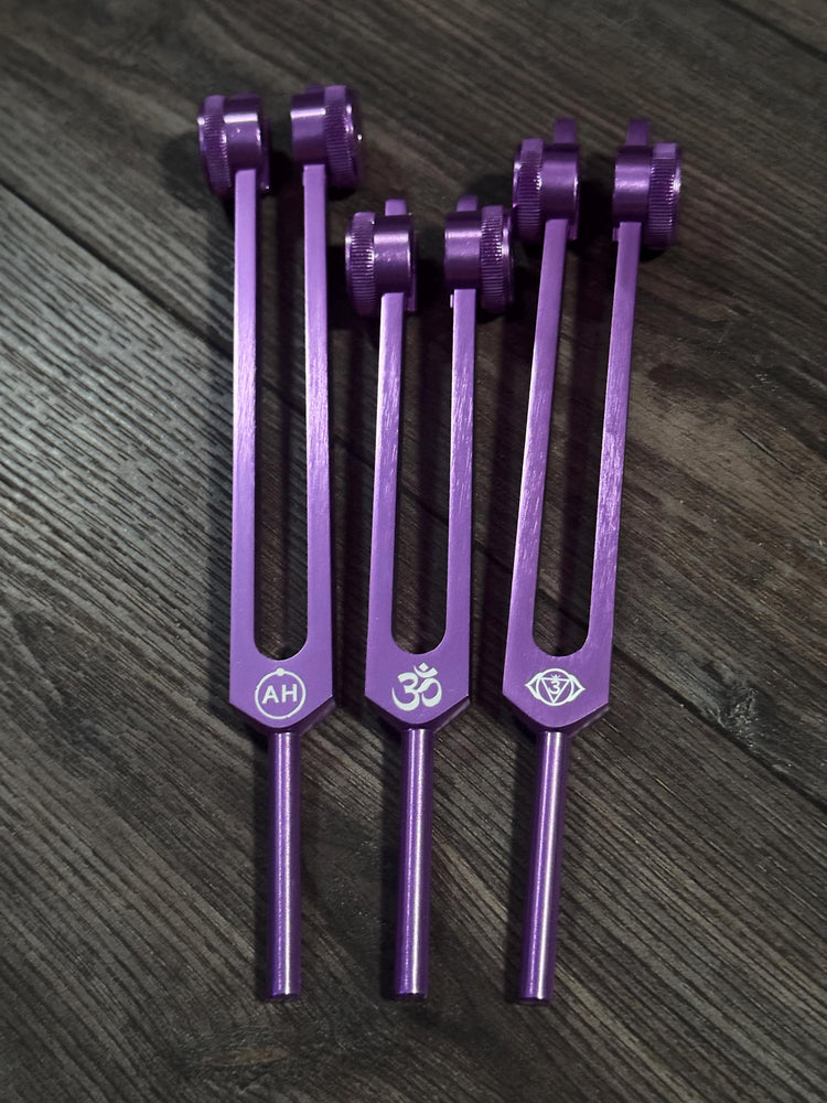 Myriad Melodies' Professionally Tuned .25 Secret Solfeggio - Classic 9pc Set - Chakra Printed Engrams, Attenuator Beads - Purple