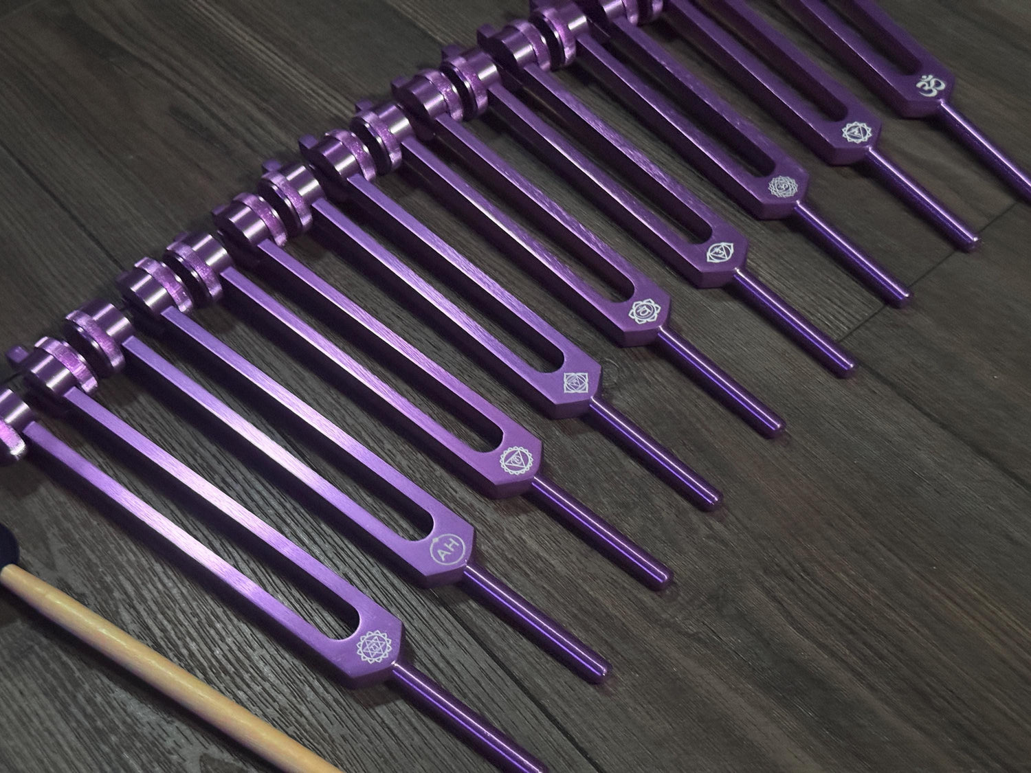 Myriad Melodies' Professionally Tuned .25 Secret Solfeggio - Classic 9pc Set - Chakra Printed Engrams, Attenuator Beads - Purple