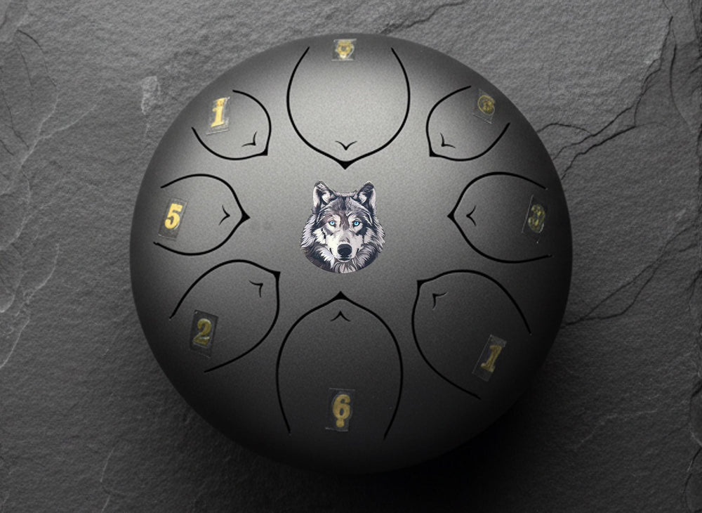 Spirit Wolf 8" Steel Tongue Drum - Black F Key - Spirit Animal, Instinct, Strength, Shamanic Drum, Ethereal Vibration, Tank Drum