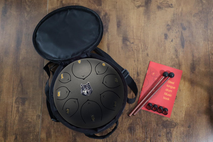 Spirit Wolf 8" Steel Tongue Drum - Black F Key - Spirit Animal, Instinct, Strength, Shamanic Drum, Ethereal Vibration, Tank Drum