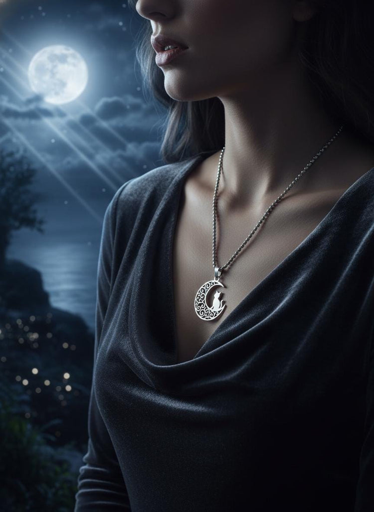 Crescent Moon Cat Mystical Beauty Charm Necklace: Unique Gift For Him or Her, Spiritual Symbols