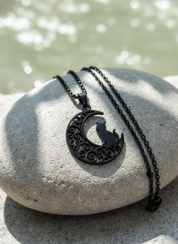 Crescent Moon Cat Mystical Beauty Charm Necklace: Unique Gift For Him or Her, Spiritual Symbols