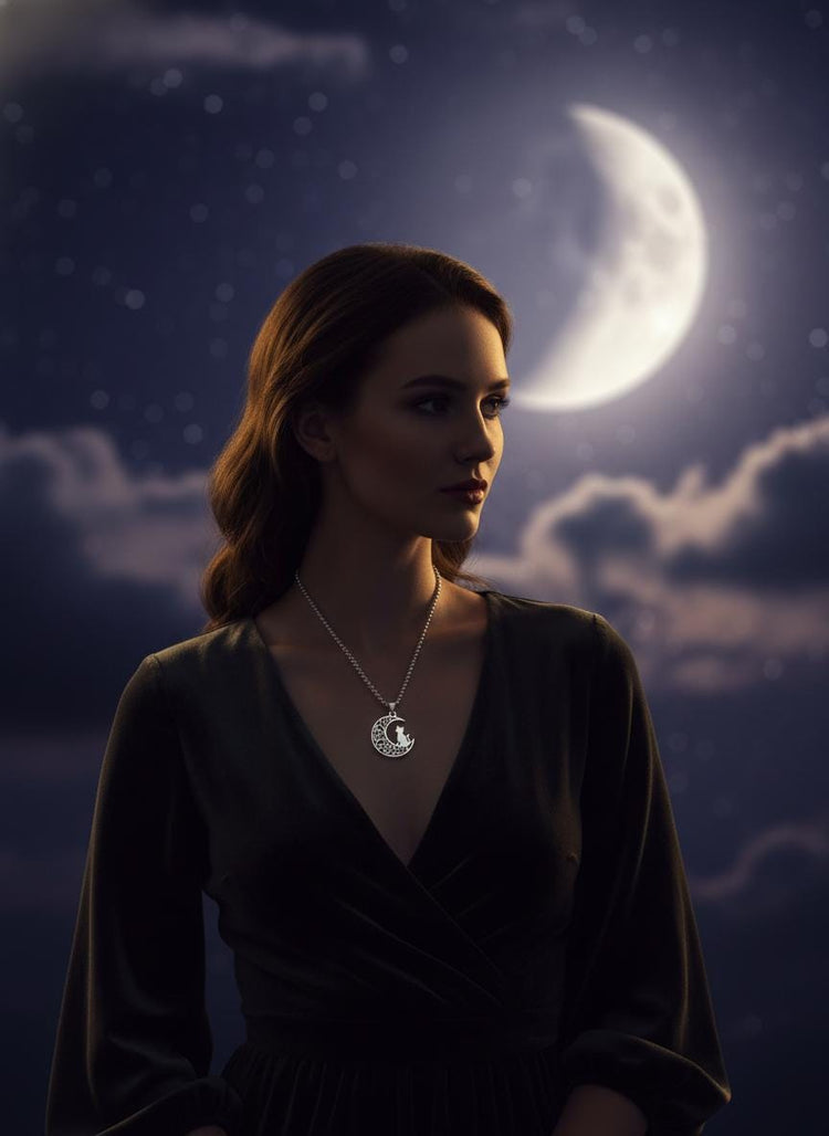 Crescent Moon Cat Mystical Beauty Charm Necklace: Unique Gift For Him or Her, Spiritual Symbols