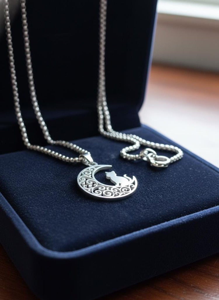Crescent Moon Cat Mystical Beauty Charm Necklace: Unique Gift For Him or Her, Spiritual Symbols