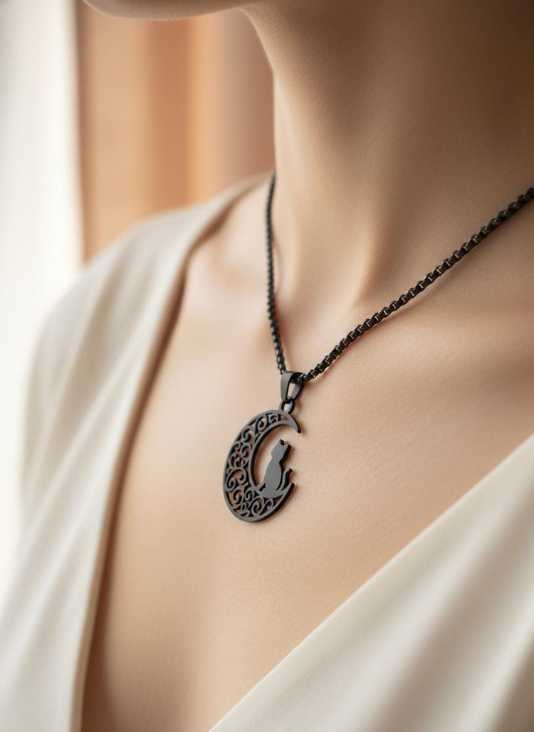 Crescent Moon Cat Mystical Beauty Charm Necklace: Unique Gift For Him or Her, Spiritual Symbols