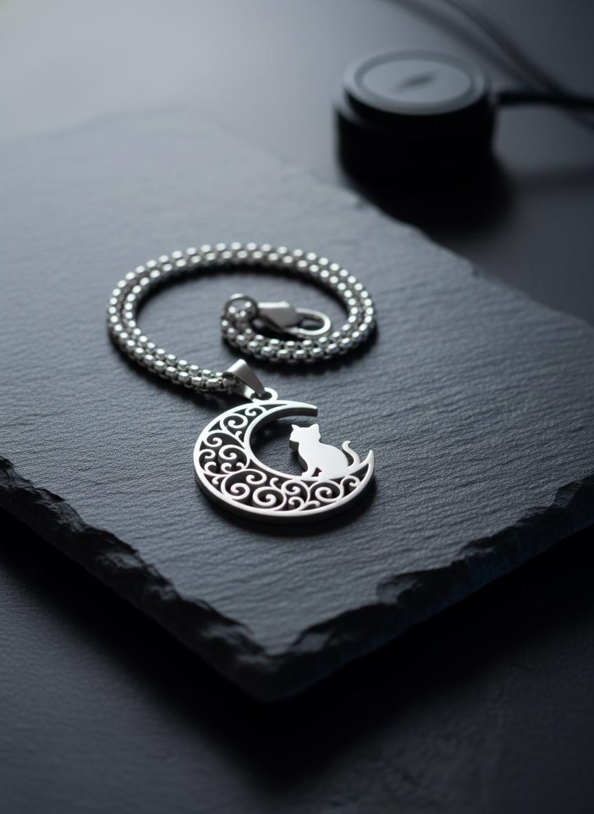 Crescent Moon Cat Mystical Beauty Charm Necklace: Unique Gift For Him or Her, Spiritual Symbols
