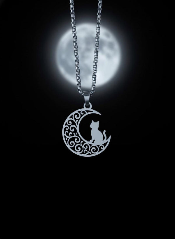 Crescent Moon Cat Mystical Beauty Charm Necklace: Unique Gift For Him or Her, Spiritual Symbols