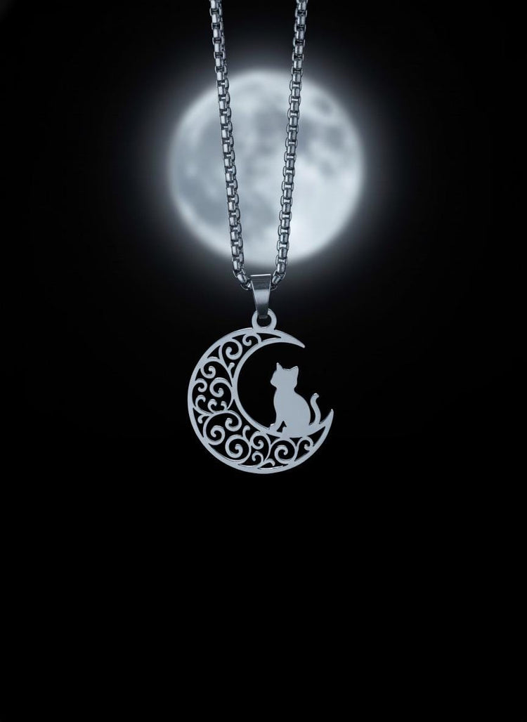 Crescent Moon Cat Mystical Beauty Charm Necklace: Unique Gift For Him or Her, Spiritual Symbols