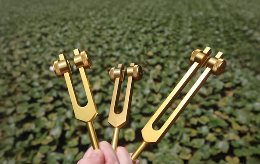 Myriad Melodies' Wellness Trio 528 Hz, 174 Hz, and Schumann 93.96 Hz Tuning Fork Set - Attenuator Handle Extensions with 10mm Crystal