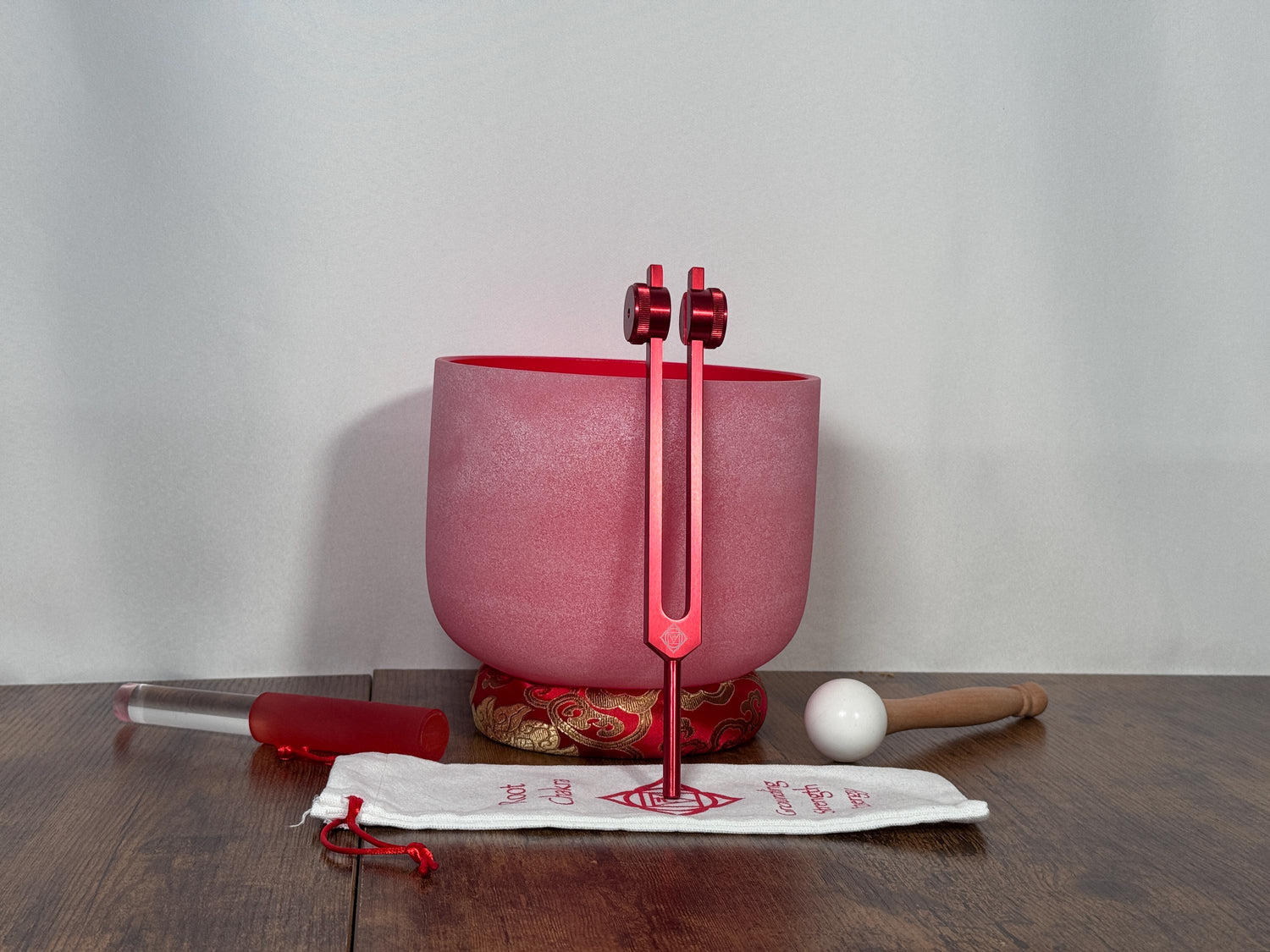 432 Hz 8" Root Chakra Singing Bowl with Tuning Fork - Perfect Pitch C-Note Sound Bowl with Matching Color Cushion and Light Up Striker