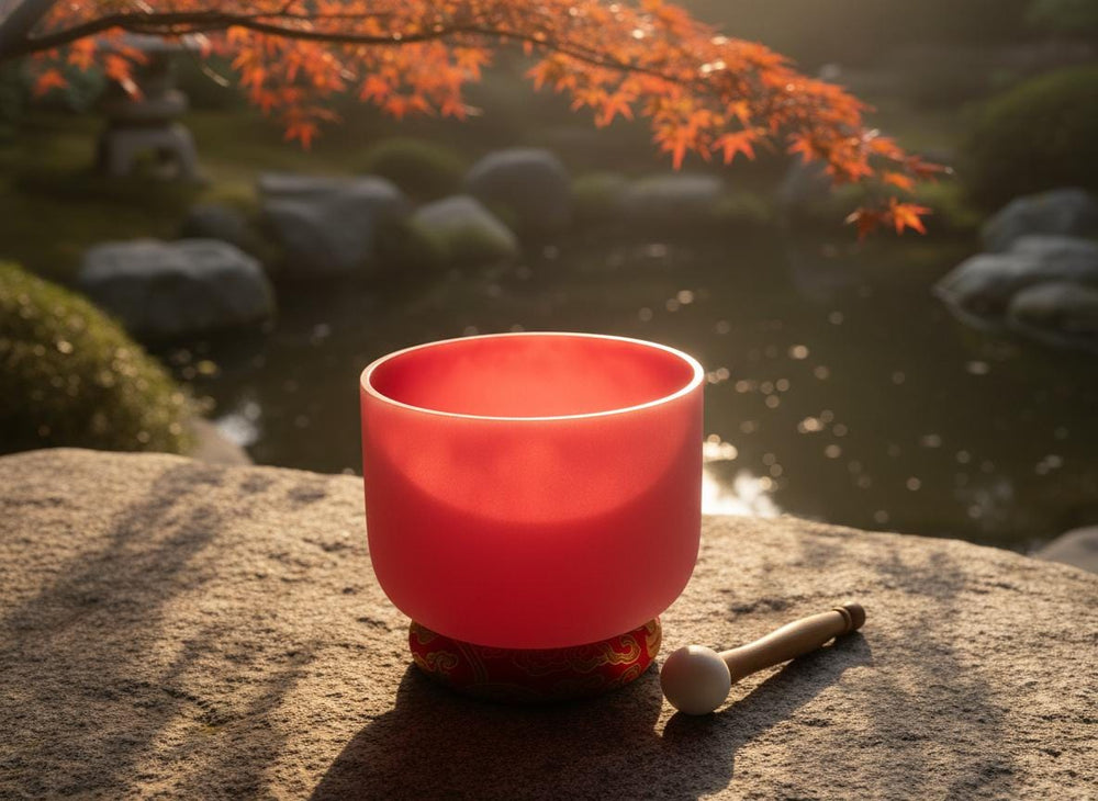 432 Hz 8" Root Chakra Singing Bowl with Tuning Fork - Perfect Pitch C-Note Sound Bowl with Matching Color Cushion and Light Up Striker