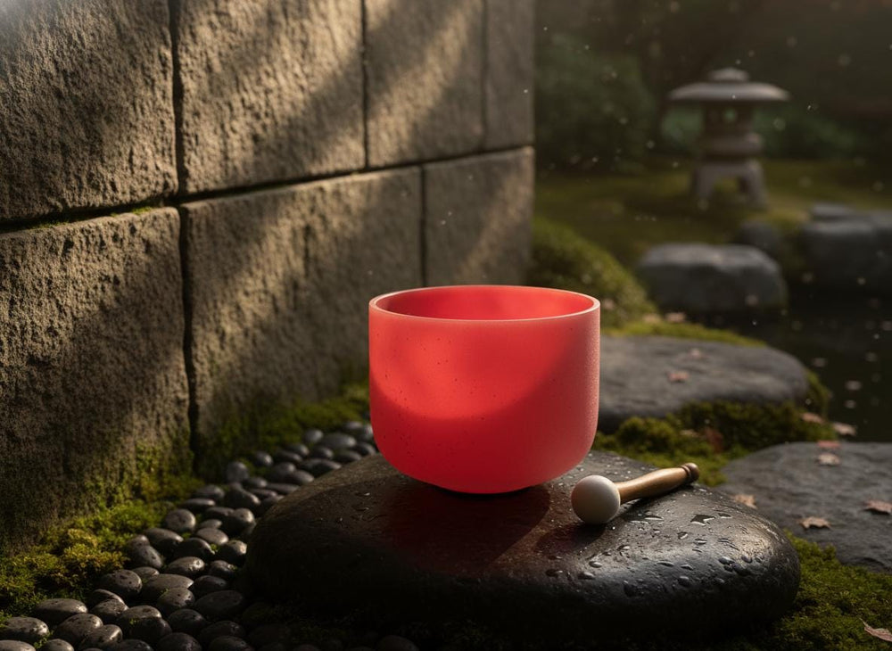 432 Hz 8" Root Chakra Singing Bowl with Tuning Fork - Perfect Pitch C-Note Sound Bowl with Matching Color Cushion and Light Up Striker