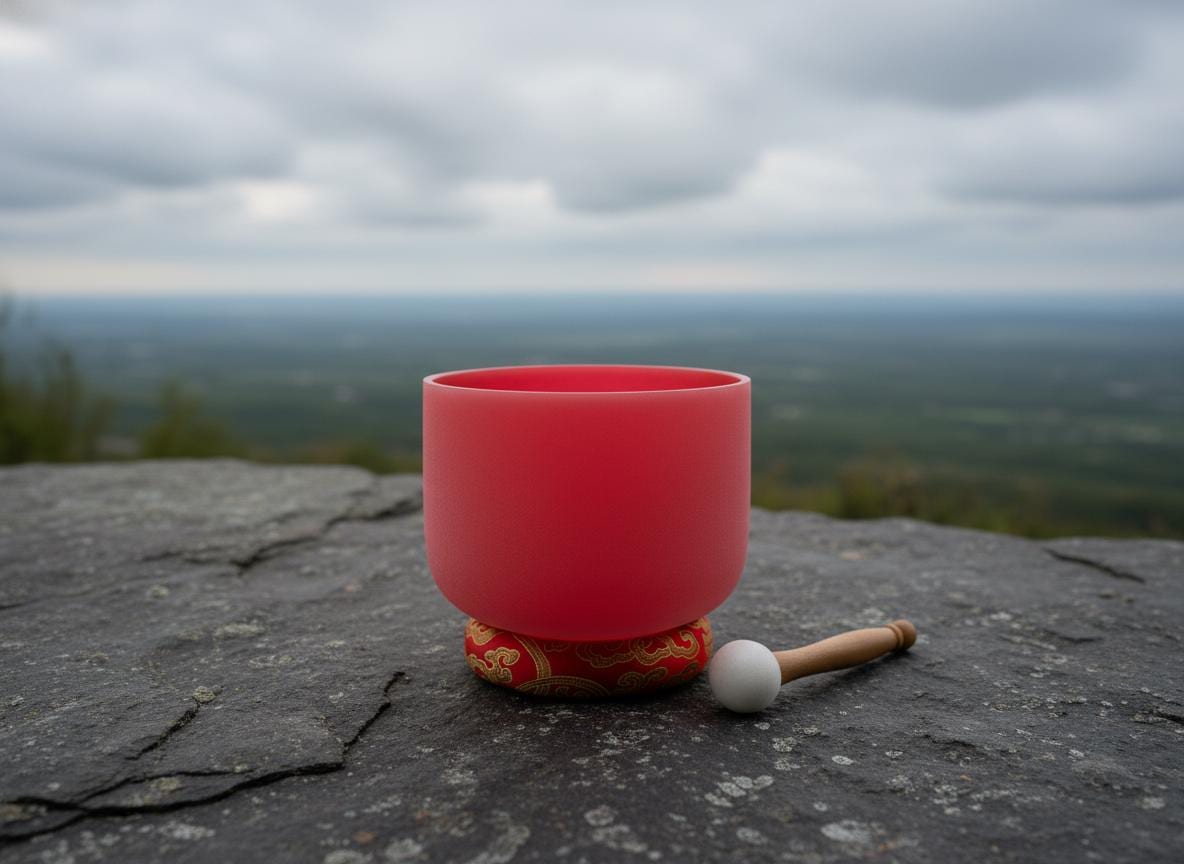 432 Hz 8" Root Chakra Singing Bowl with Tuning Fork - Perfect Pitch C-Note Sound Bowl with Matching Color Cushion and Light Up Striker