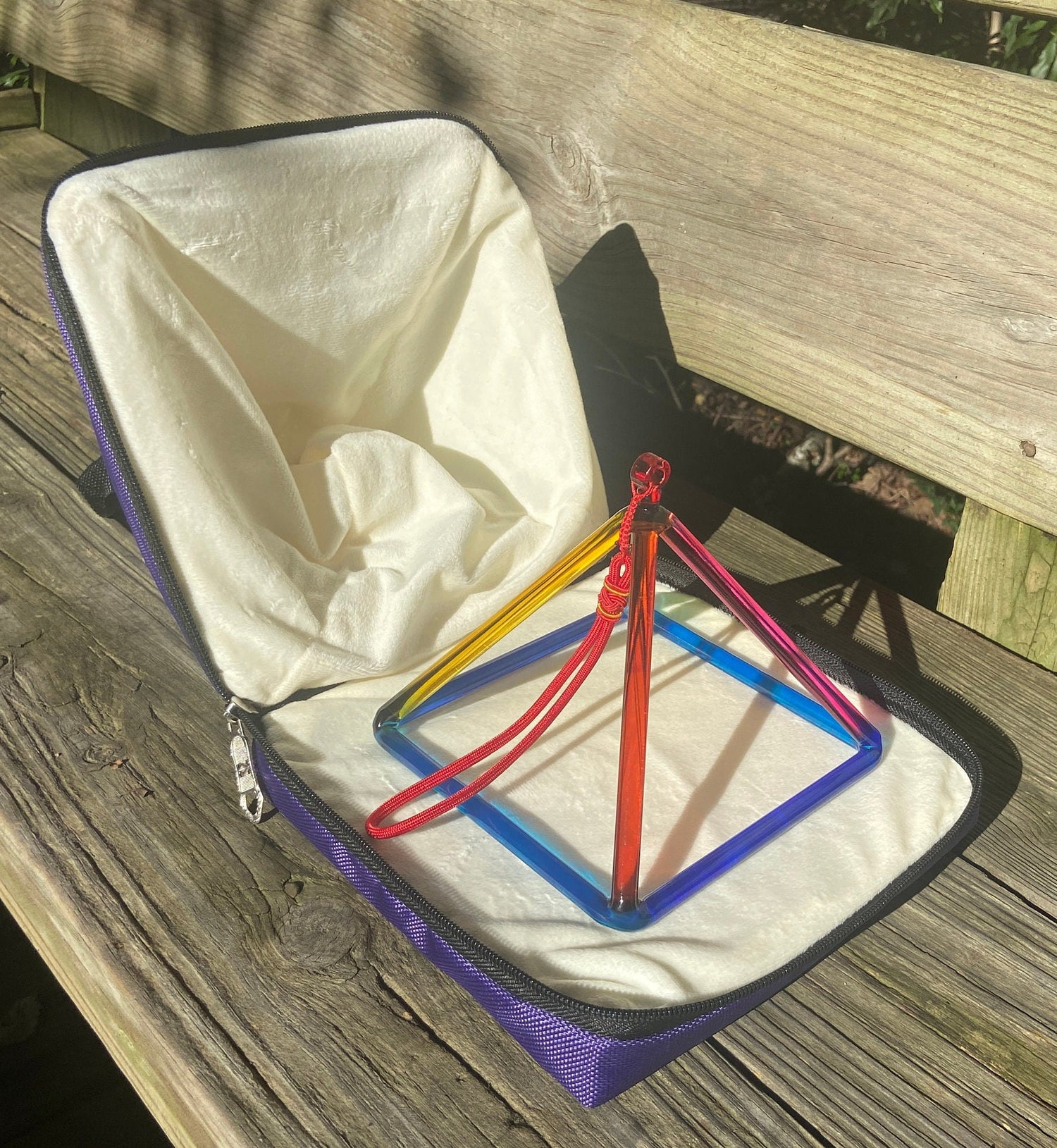 8” Rainbow Quartz Crystal Singing Pyramid Sound Vibration Musical Instrument With Crystal Striker And Padded Carry Case