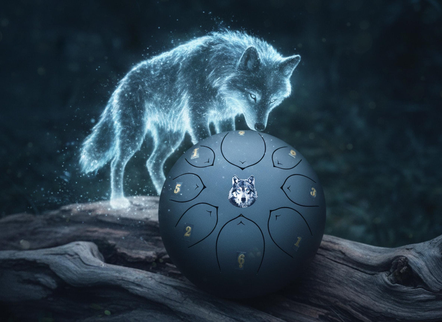 Spirit Wolf 8" Steel Tongue Drum - Black F Key - Spirit Animal, Instinct, Strength, Shamanic Drum, Ethereal Vibration, Tank Drum