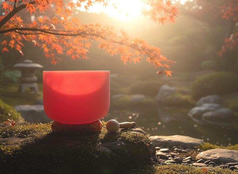 432 Hz 8" Root Chakra Singing Bowl with Tuning Fork - Perfect Pitch C-Note Sound Bowl with Matching Color Cushion and Light Up Striker